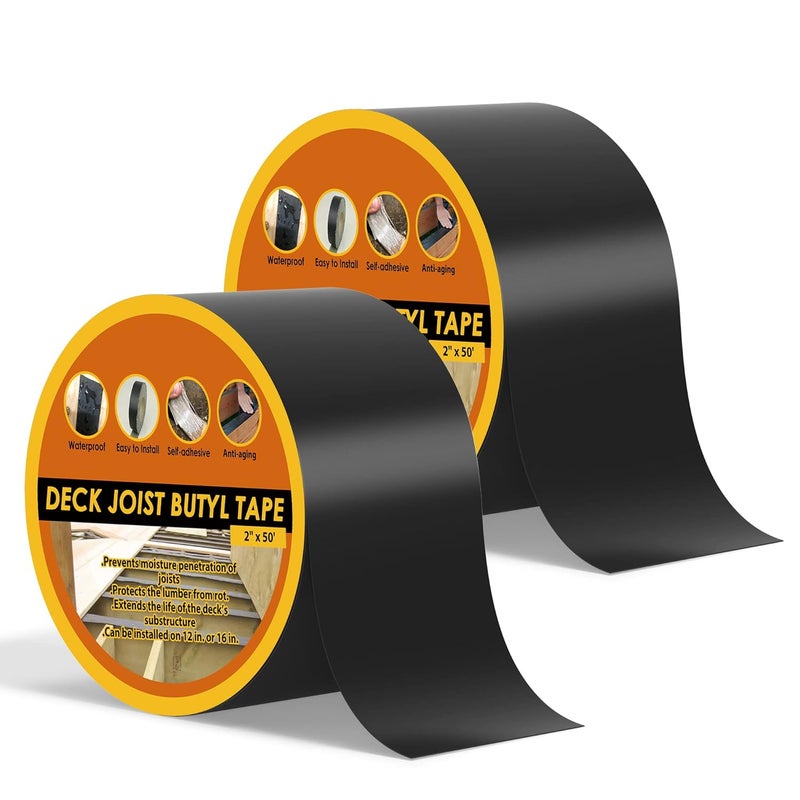 JOAPRIL 4" x 50' Deck Joist Tape, 2 Pack Waterproof Seal Butyl Deck Tape, Weather Resistance Self-Adhesive Flashing Tape for Wood Joists and Beams - Image 1